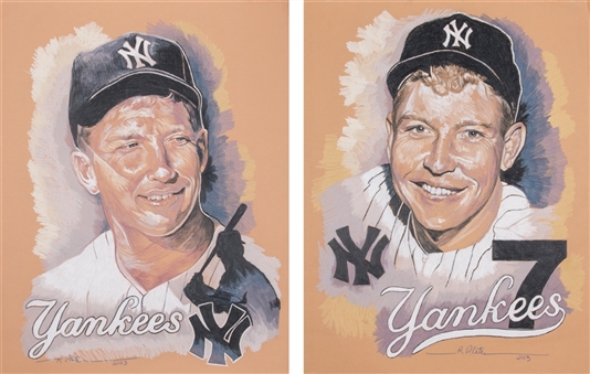Lot of (2) 2003 Mickey Mantle Original Chalk Artwork by R. Plate